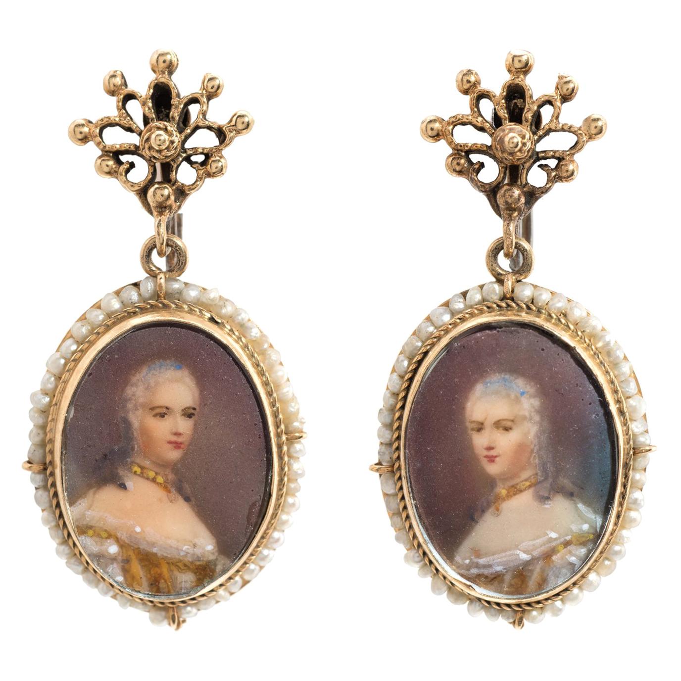 Vintage Portrait Earrings 14 Karat Gold Drops Estate Fine Jewelry Seed Pearls