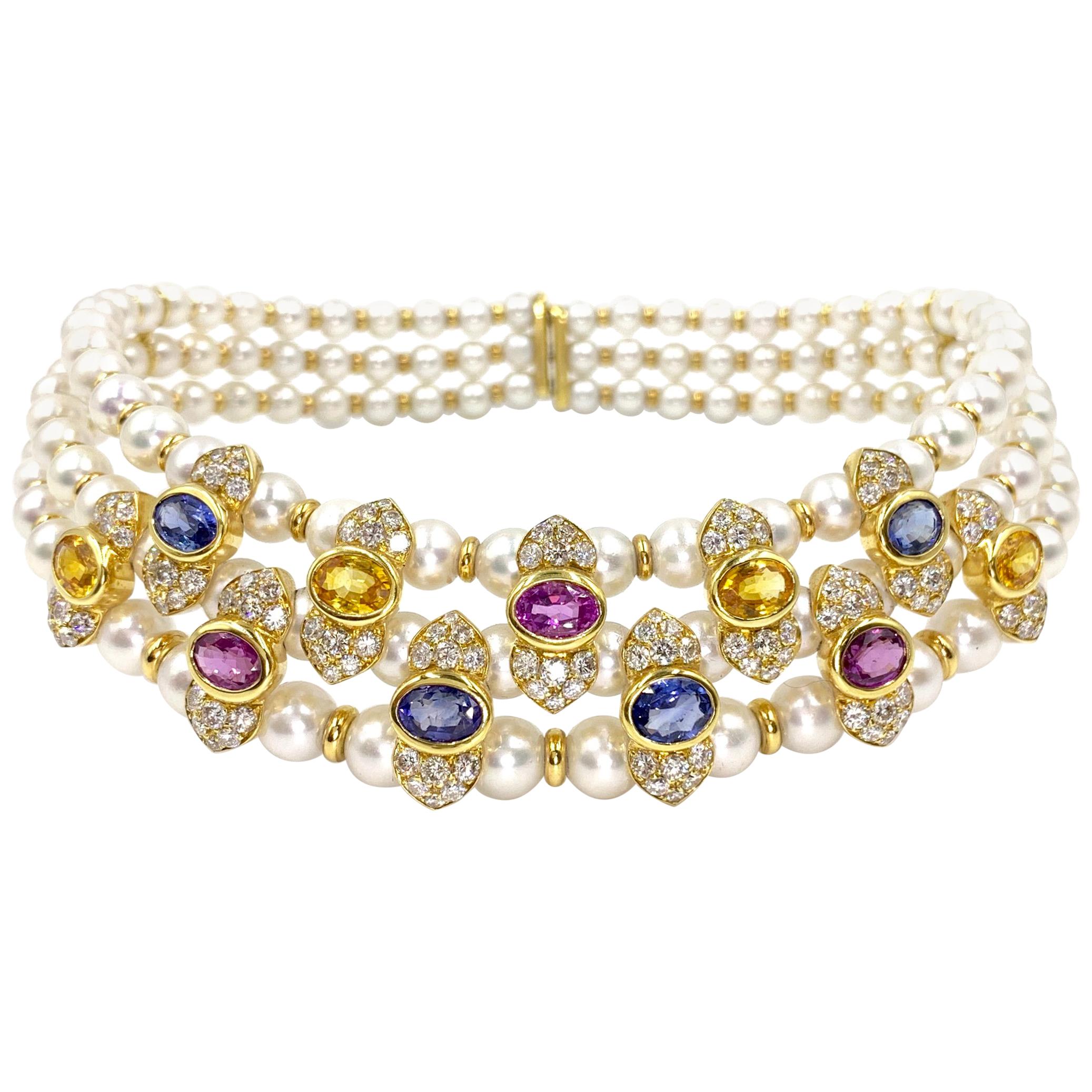 18 Karat Victorian Inspired Pearl, Sapphire and Diamond Choker Necklace For Sale