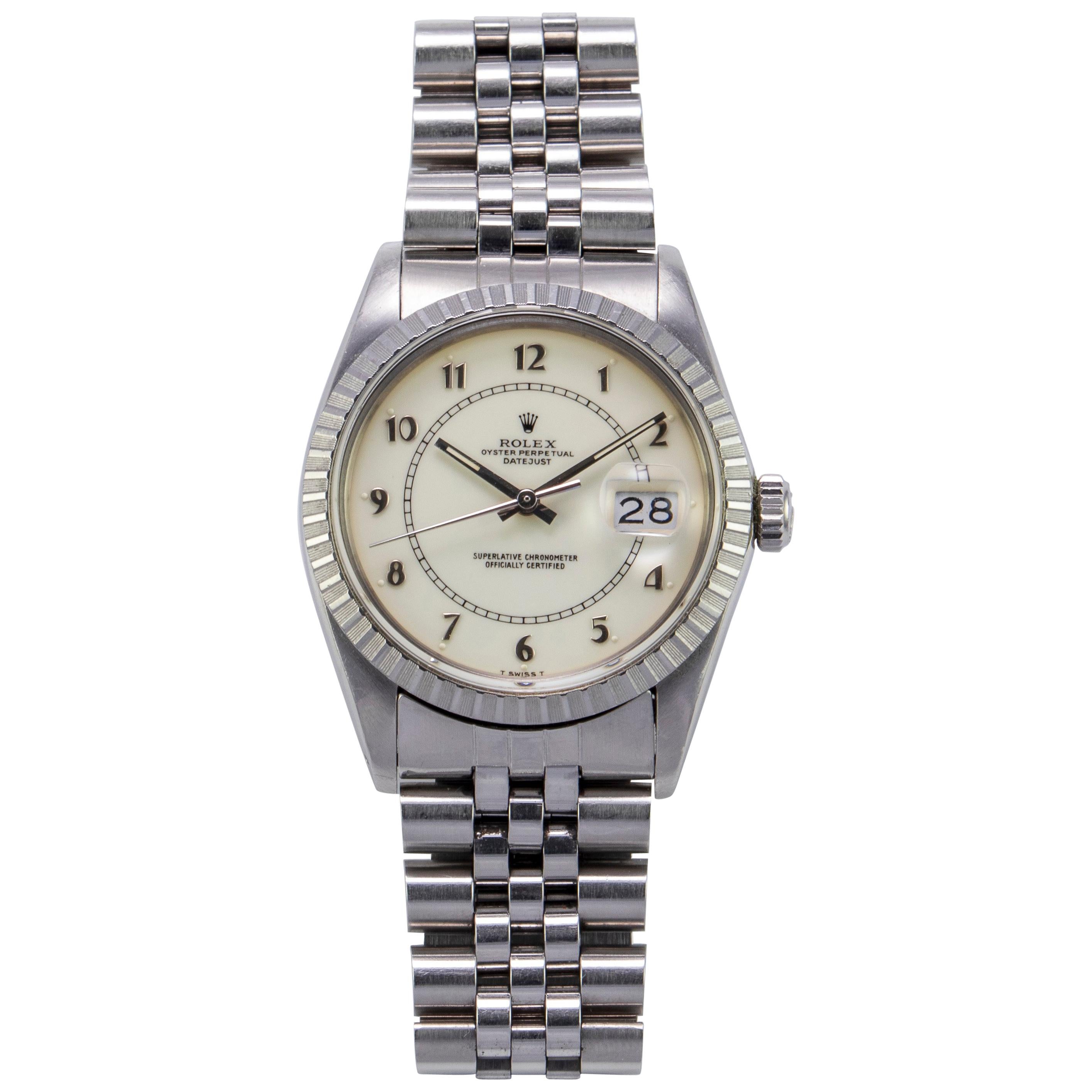 Rolex Steel and White Gold Boiler Gauge Datejust Watch with Papers, 1980s For Sale