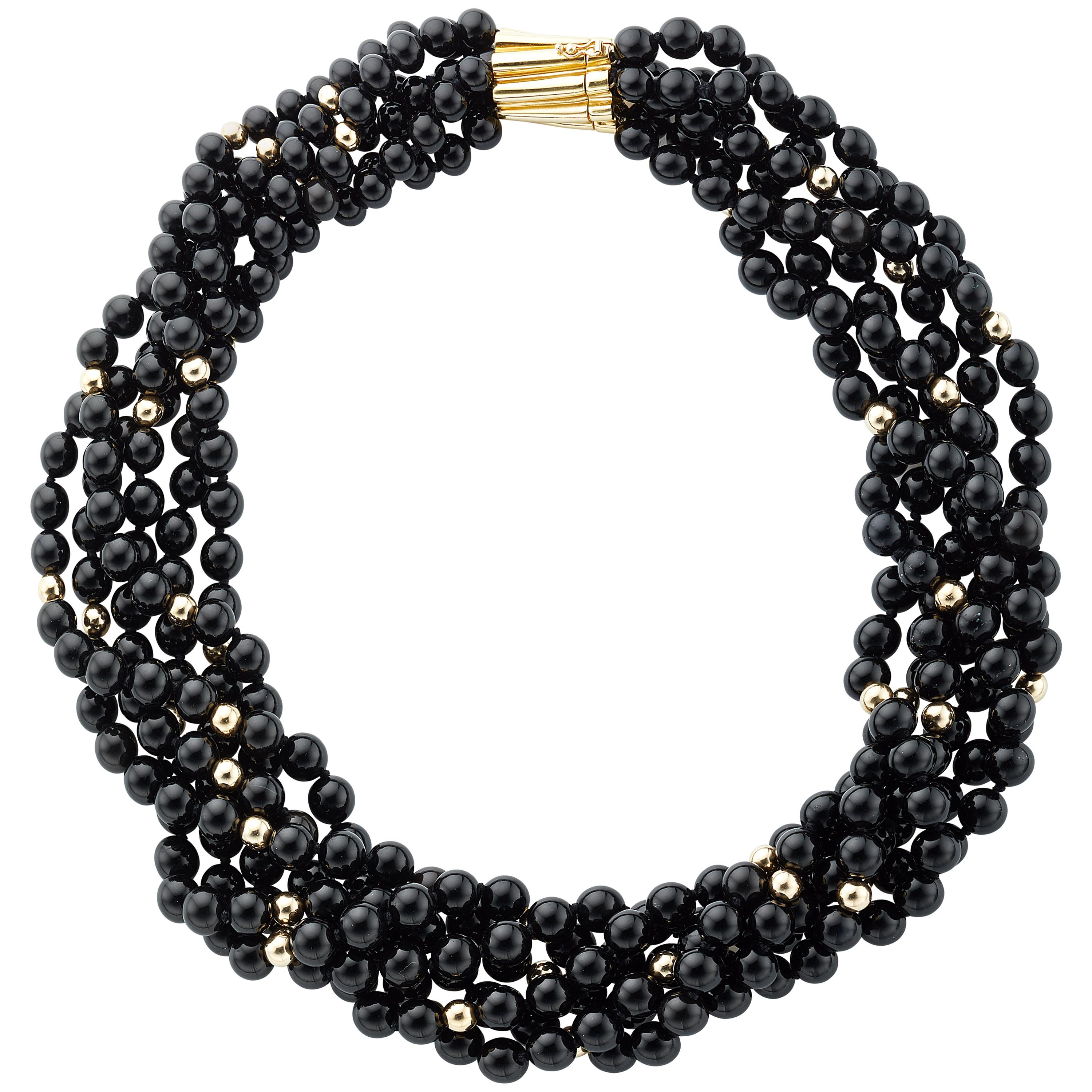 Onyx and 18k Yellow Gold Beaded Strand Necklace 