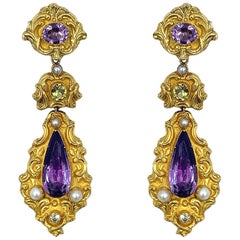 19th Century Georgian Gold Amethyst Peridot and Pearl Earrings