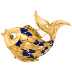 Antique Boucheron Paris, 18 Karat Gold and Enamel Fish Brooch