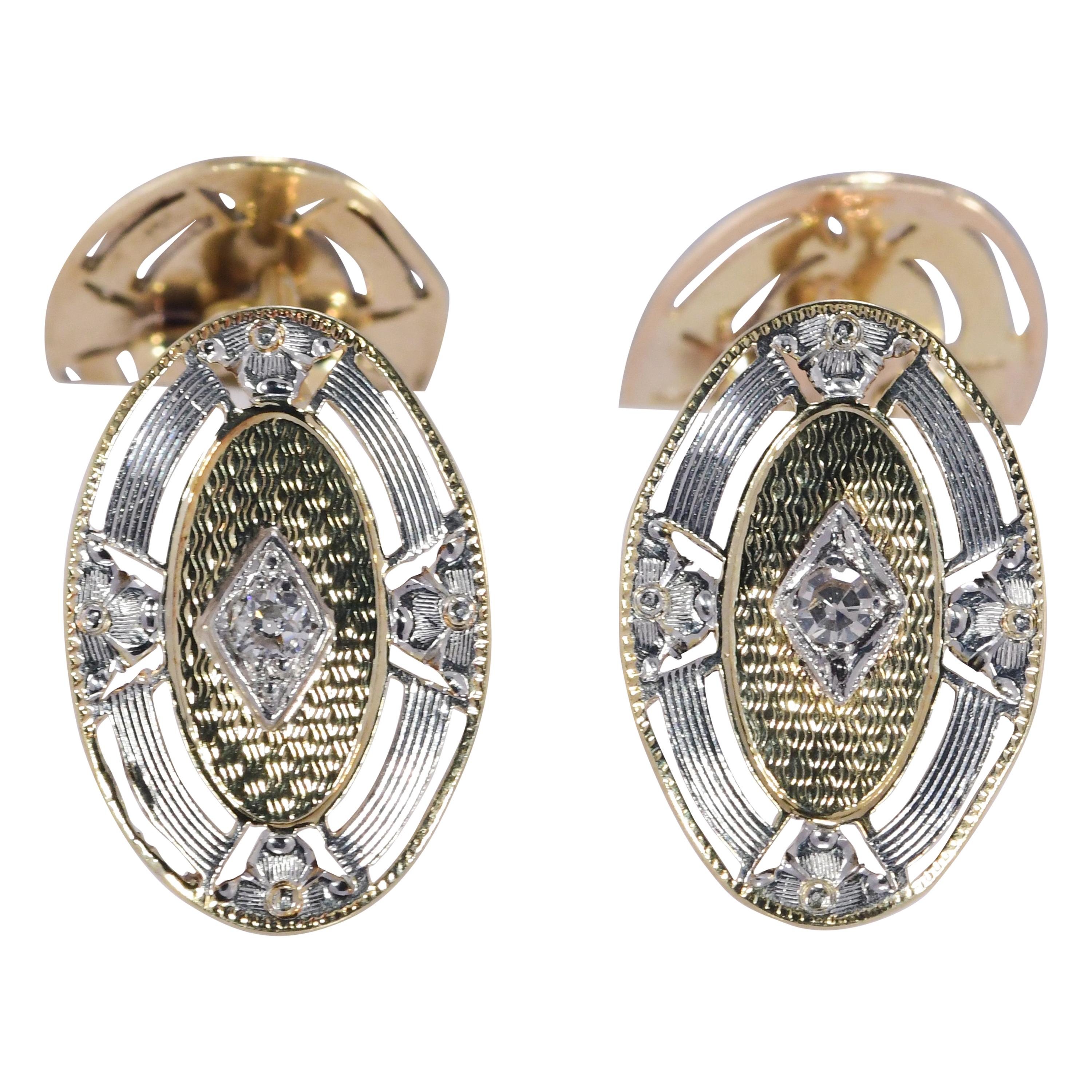 1920s 14 Karat Two-Tone Diamond Cufflinks .08 Carat 6.9 Grams