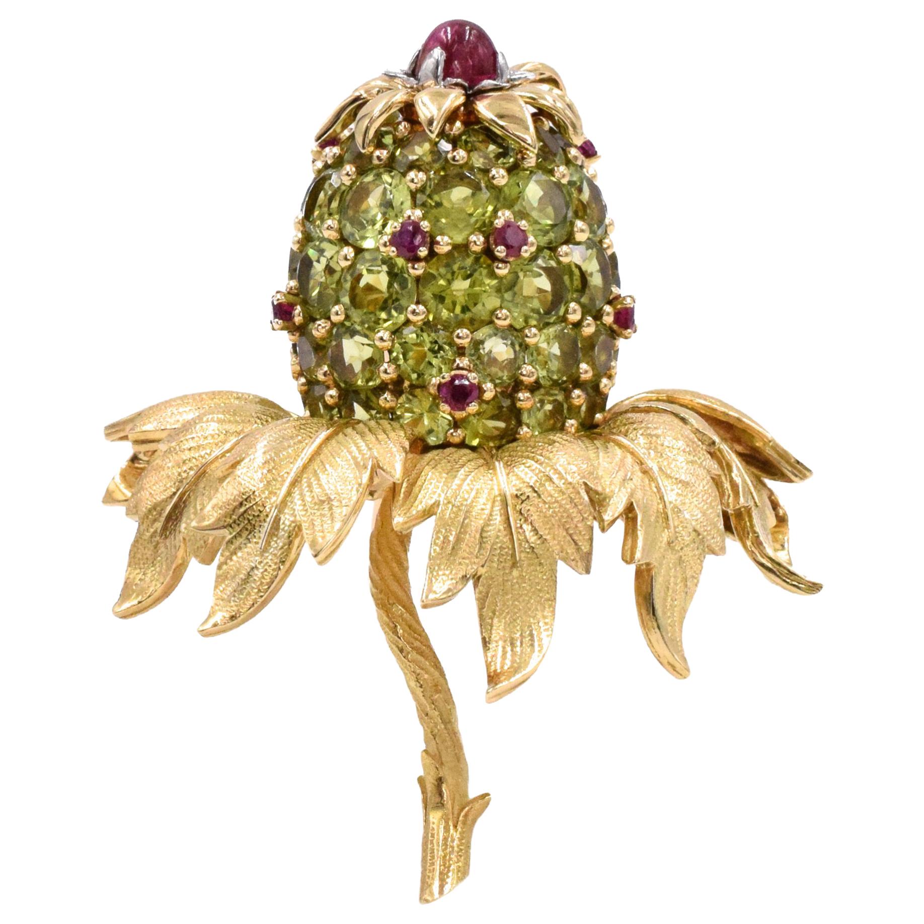 Tiffany & Co . Jean Schlumberger 'Pineapple' Peridot and Ruby Brooch