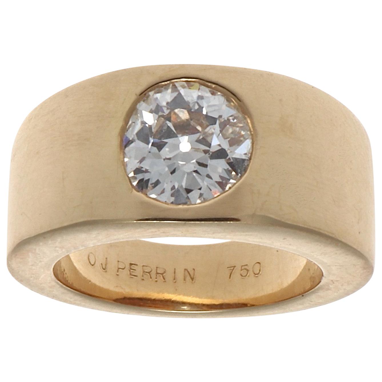 O J Perrin GIA 1.51 Carat Diamond Gold Gypsy Ring