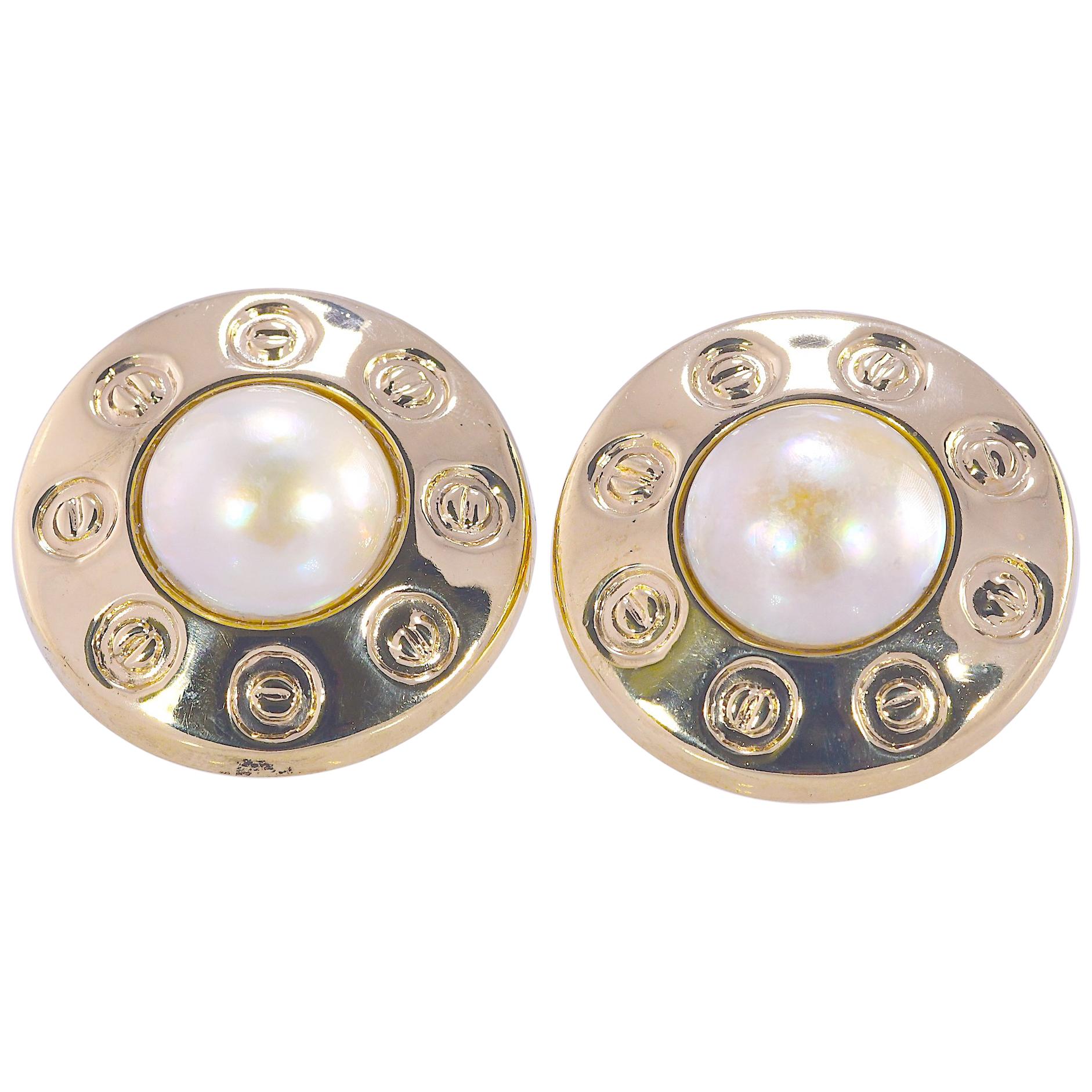 14 Karat Yellow Gold Mabe Pearl Earrings, Omega Backs and Posts, 12.9 Grams For Sale
