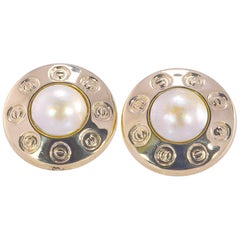 14 Karat Yellow Gold Mabe Pearl Earrings, Omega Backs and Posts, 12.9 Grams