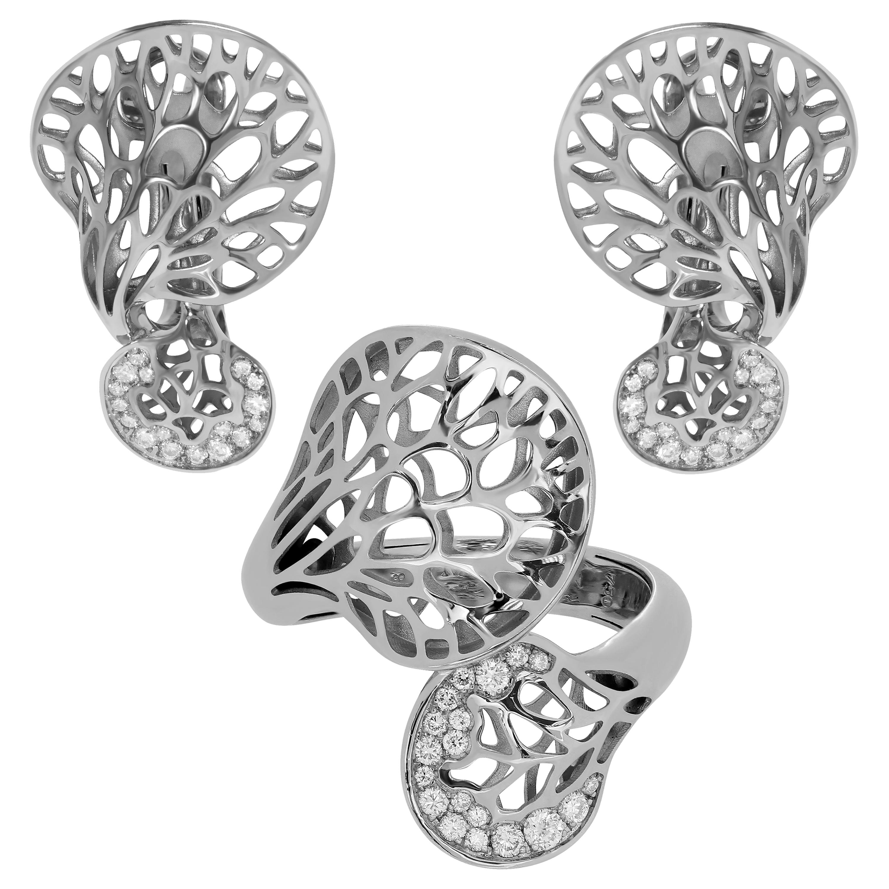 Diamonds 18 Karat White Gold Tree Mushroom Ring Earrings Suite For Sale