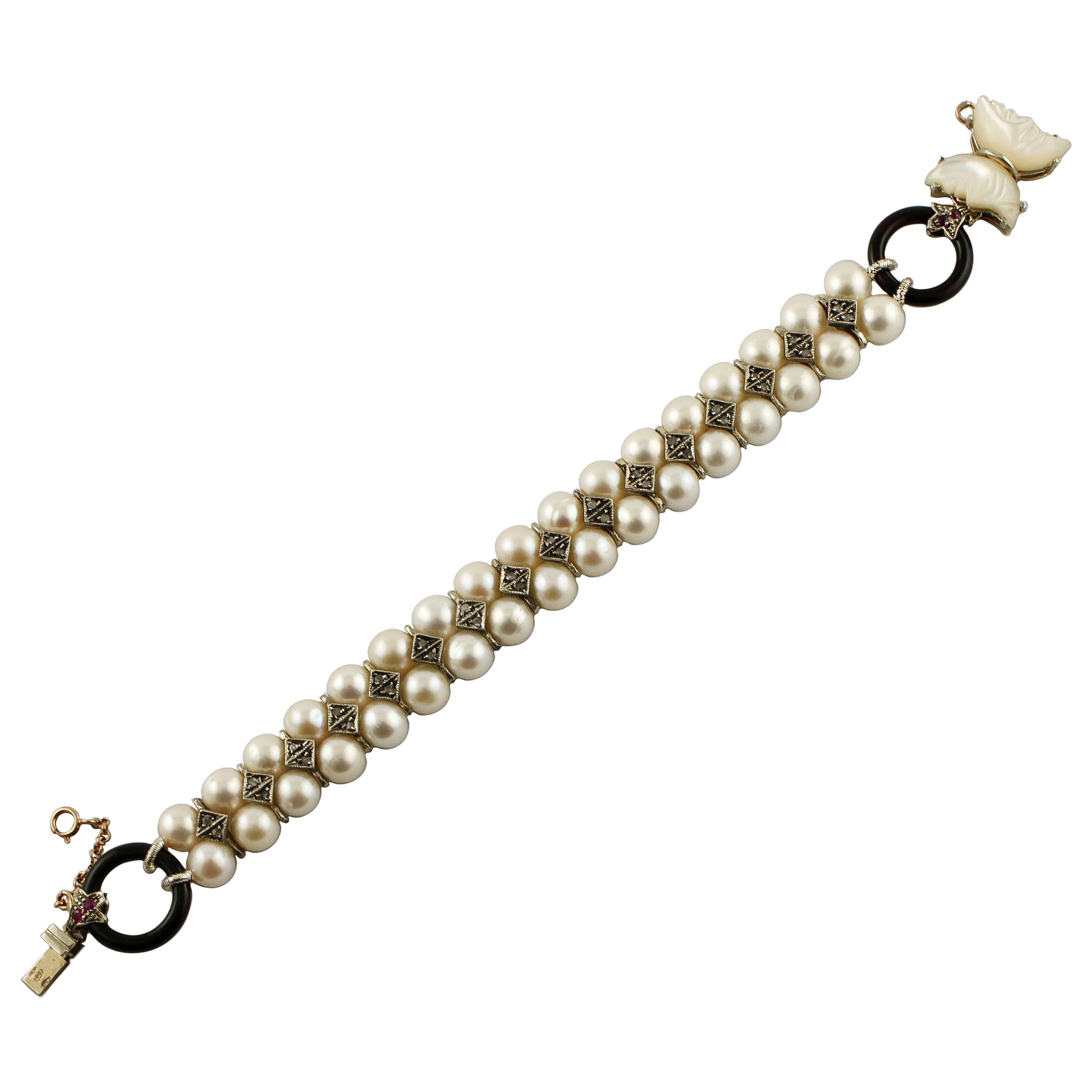 Pearls, Diamonds, Onyx, Mother-of-Pearl Rose Gold and Silver Beaded Bracelet