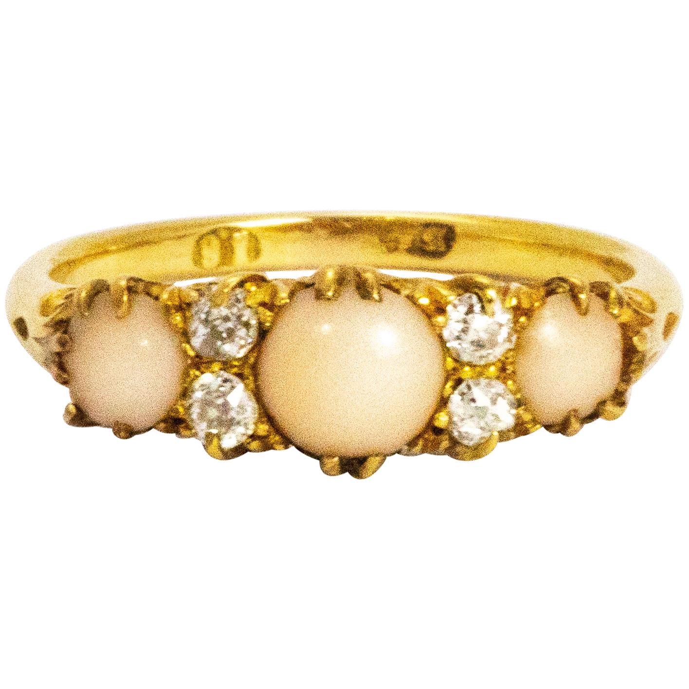 Victorian 18 Karat Gold Coral and Diamond Three-Stone Ring