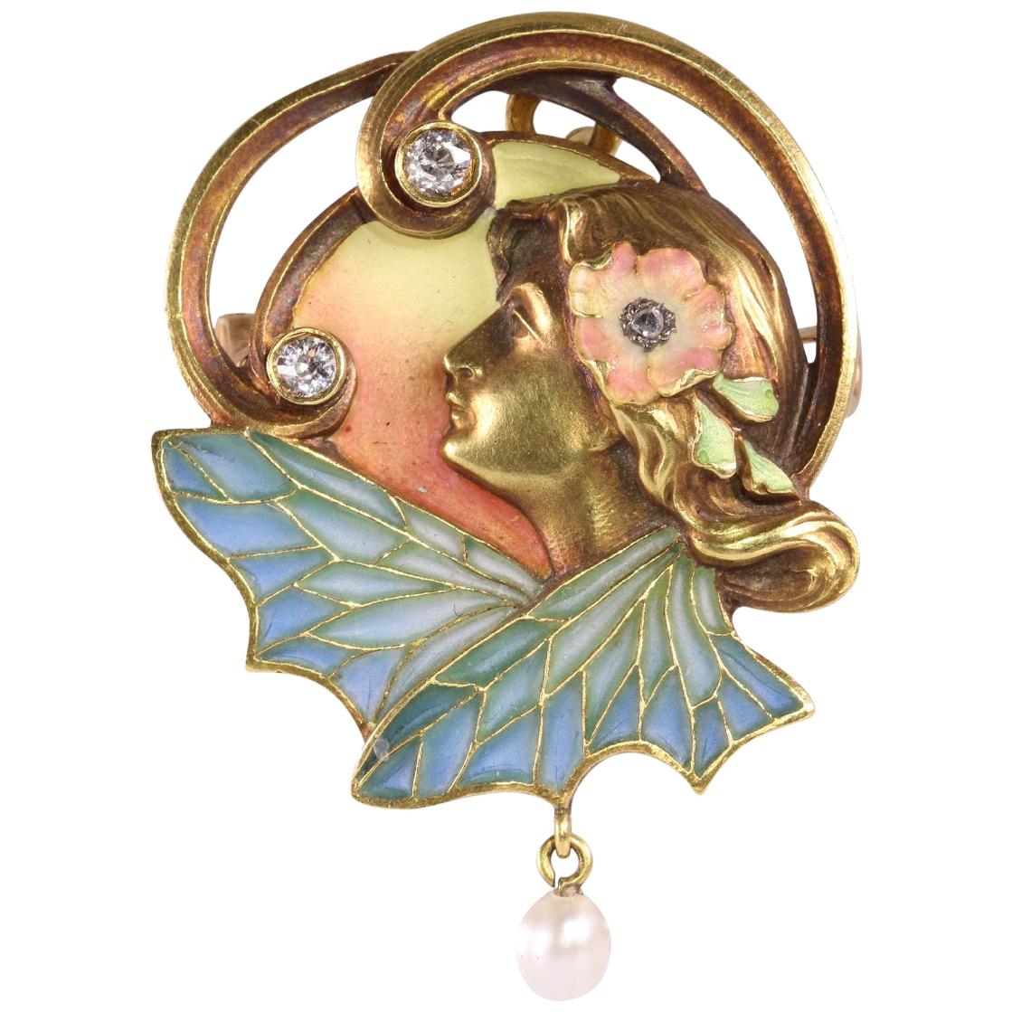 Art Nouveau Plique Ajour Enamel Old Mine Diamond Pearl Lady Wings Pendant Brooch For Sale