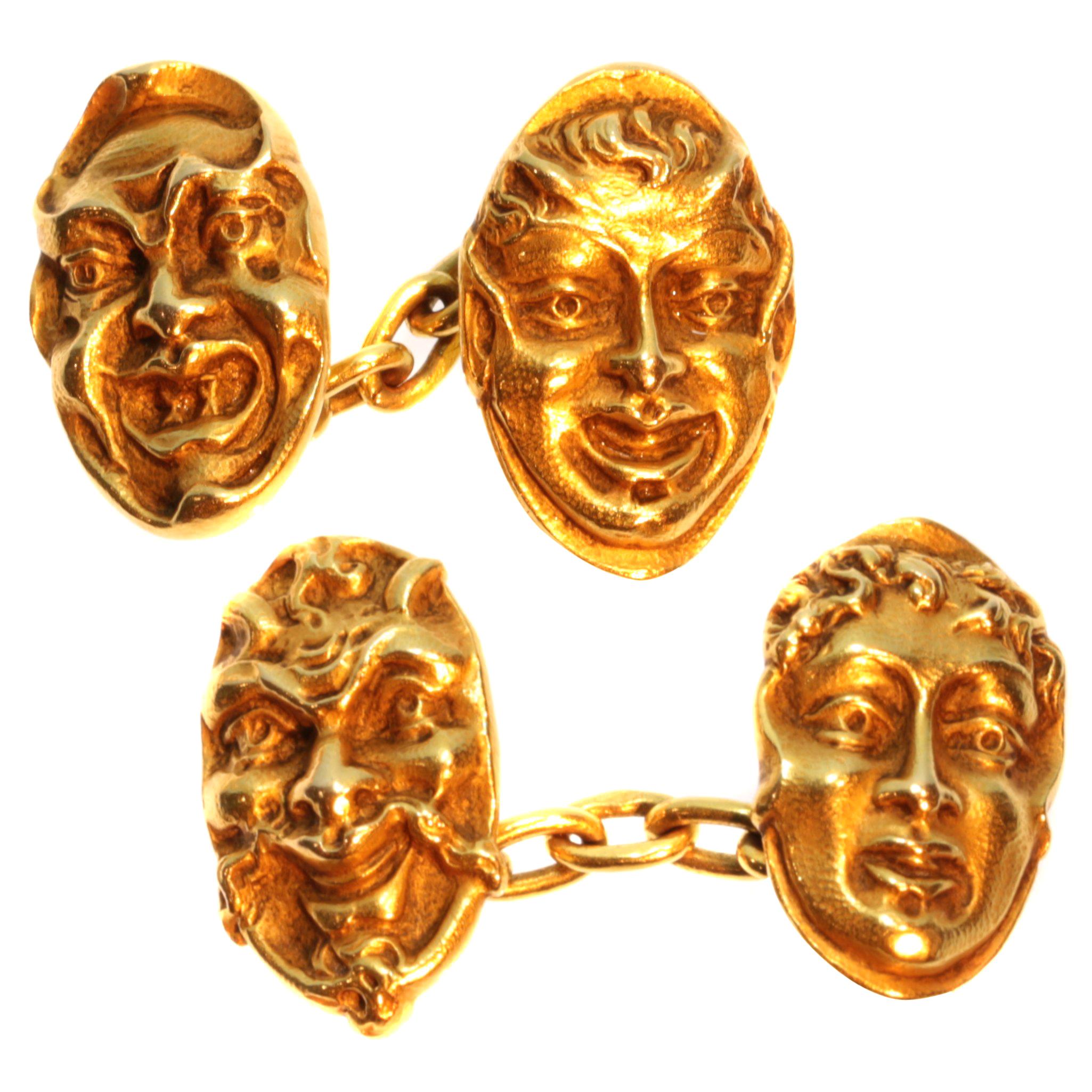 French Antique 18 Karat Yellow Gold Greek Comedy Mask Tragedy Theater Cufflinks For Sale