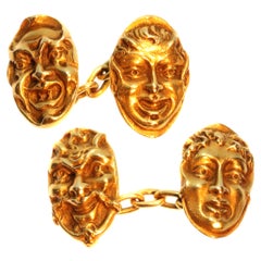 French Antique 18 Karat Yellow Gold Greek Comedy Mask Tragedy Theater Cufflinks