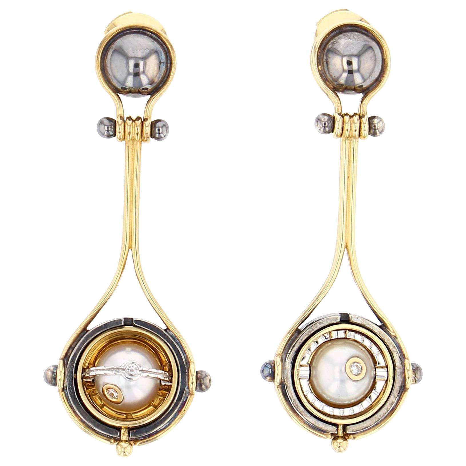 Diamonds Akoya Pearls Pluton Long Earrings in 18k yellow gold by Elie Top