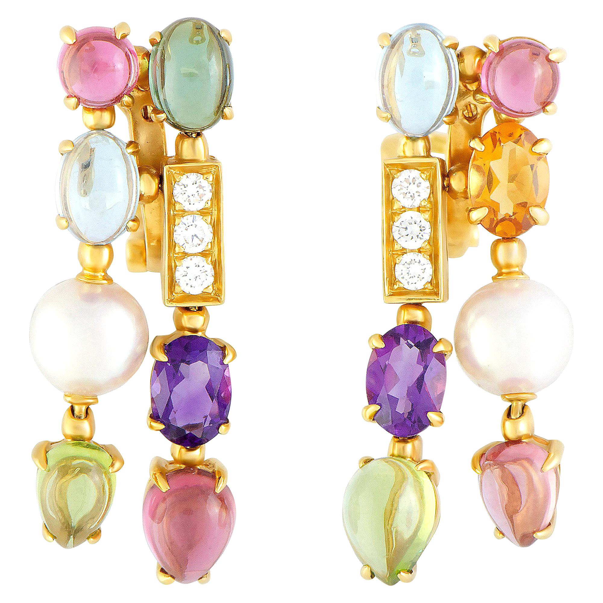 Bulgari Allegra Diamonds Pearl and Multiple Gemstones Yellow Gold Omega Earrings