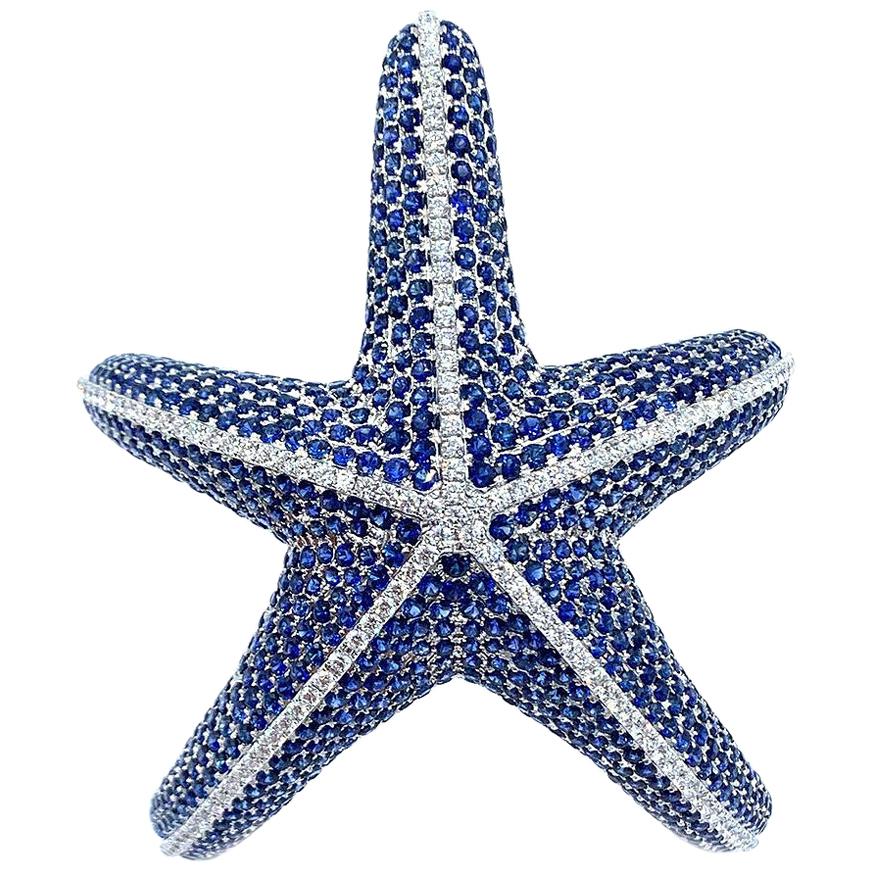 Fabulous Whimsical Nautical Blue Sapphire and Diamond Starfish Cuff Bracelet For Sale