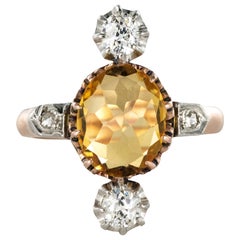 Antique French 19th Century 2.40 Carat Citrine 18 Karat Rose Gold Diamonds Ring