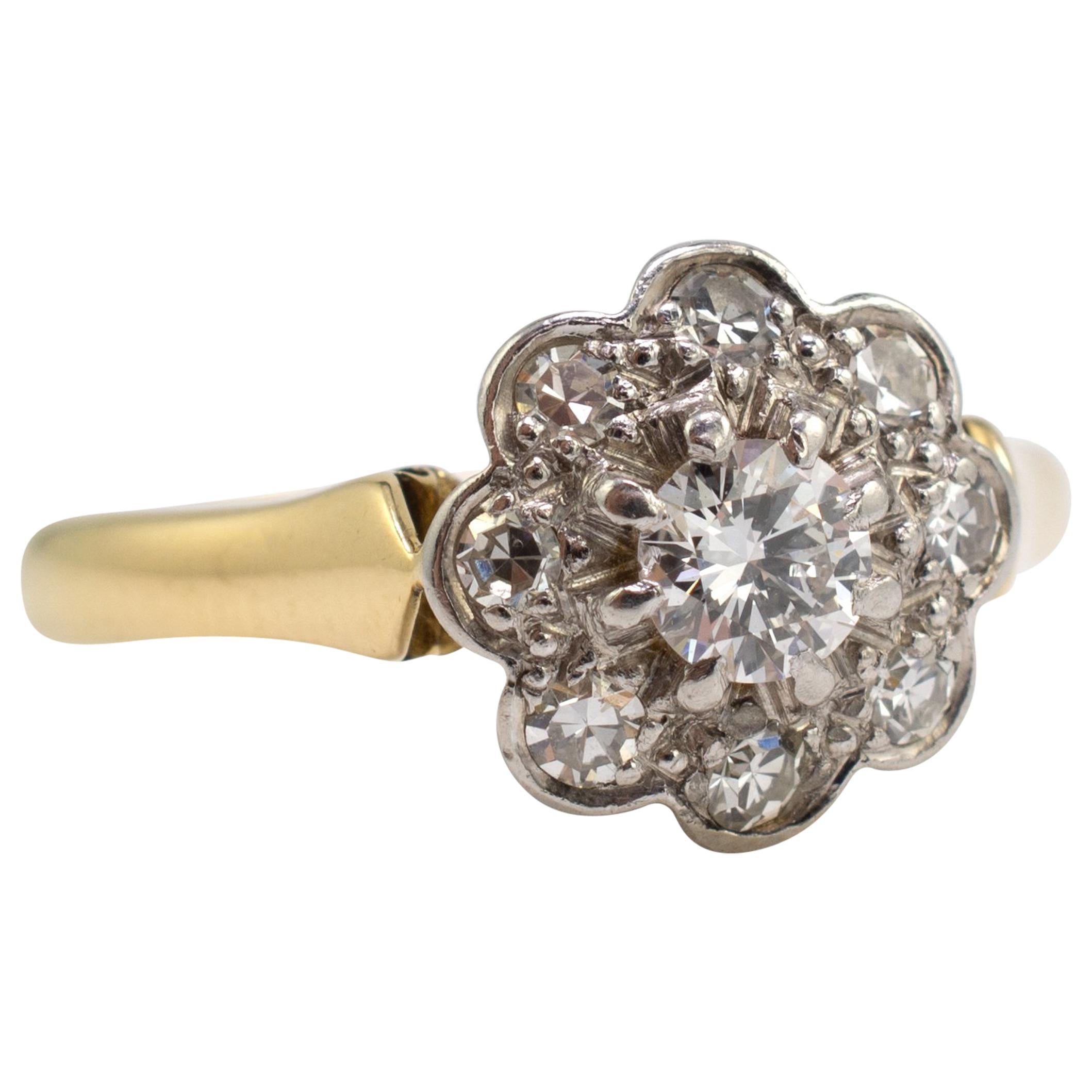 Vintage Diamond Flower Cluster Ring 18 Karat Gold and Platinum For Sale