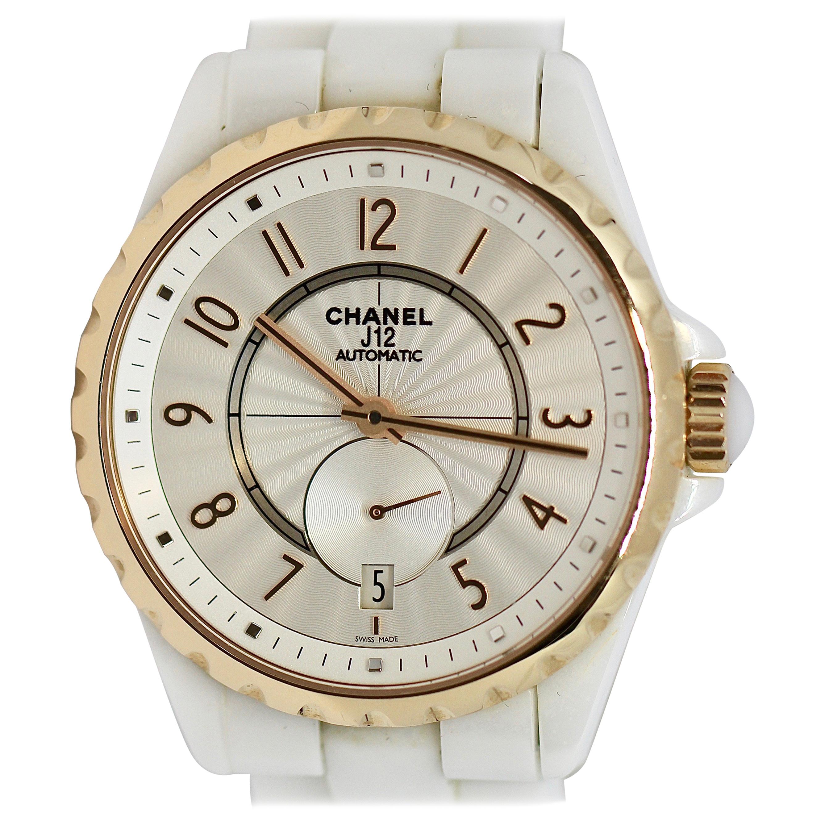 Chanel Ladies Rose Gold, White Ceramic J12 Automatic Wristwatch