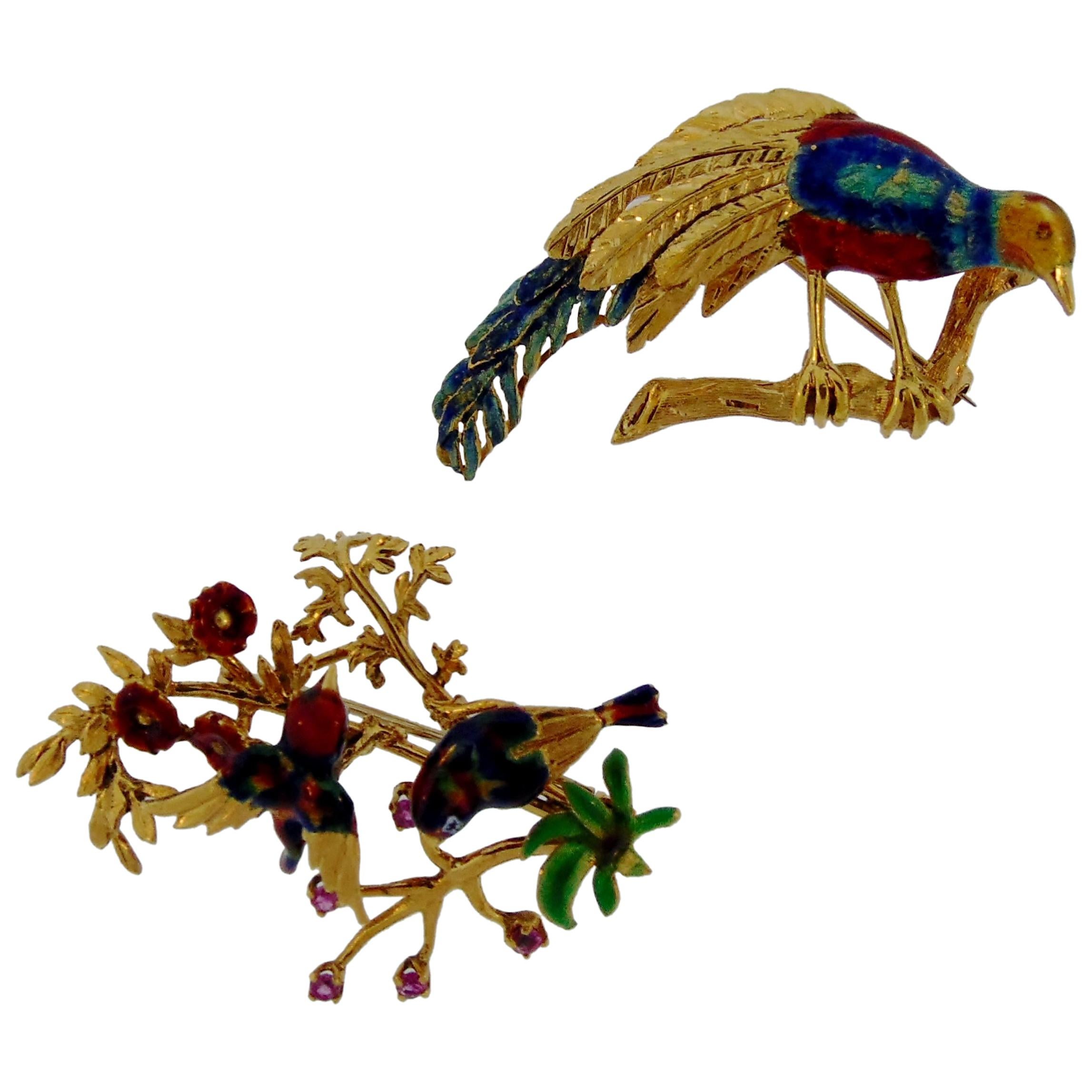 Duo of Enamel Tropical Bird Brooches