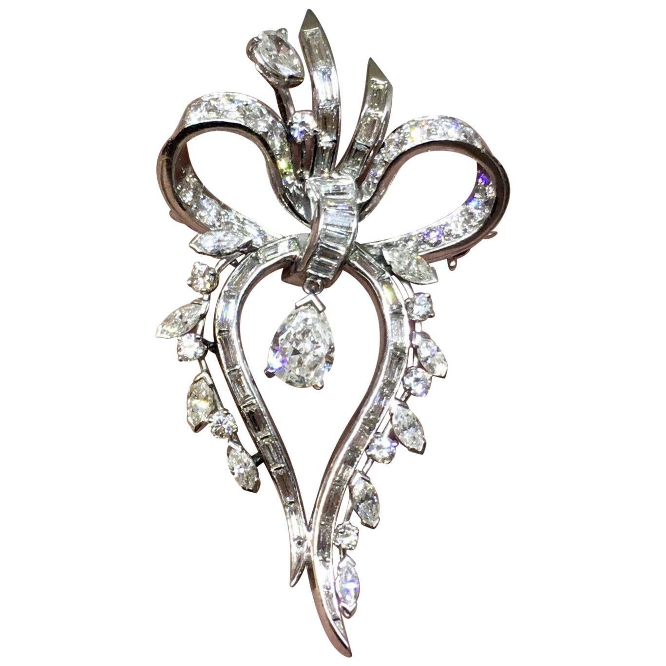 1950s Retro Deco Platinum 3 Carat G/VS Diamond Brooch Pin Necklace Pendant For Sale