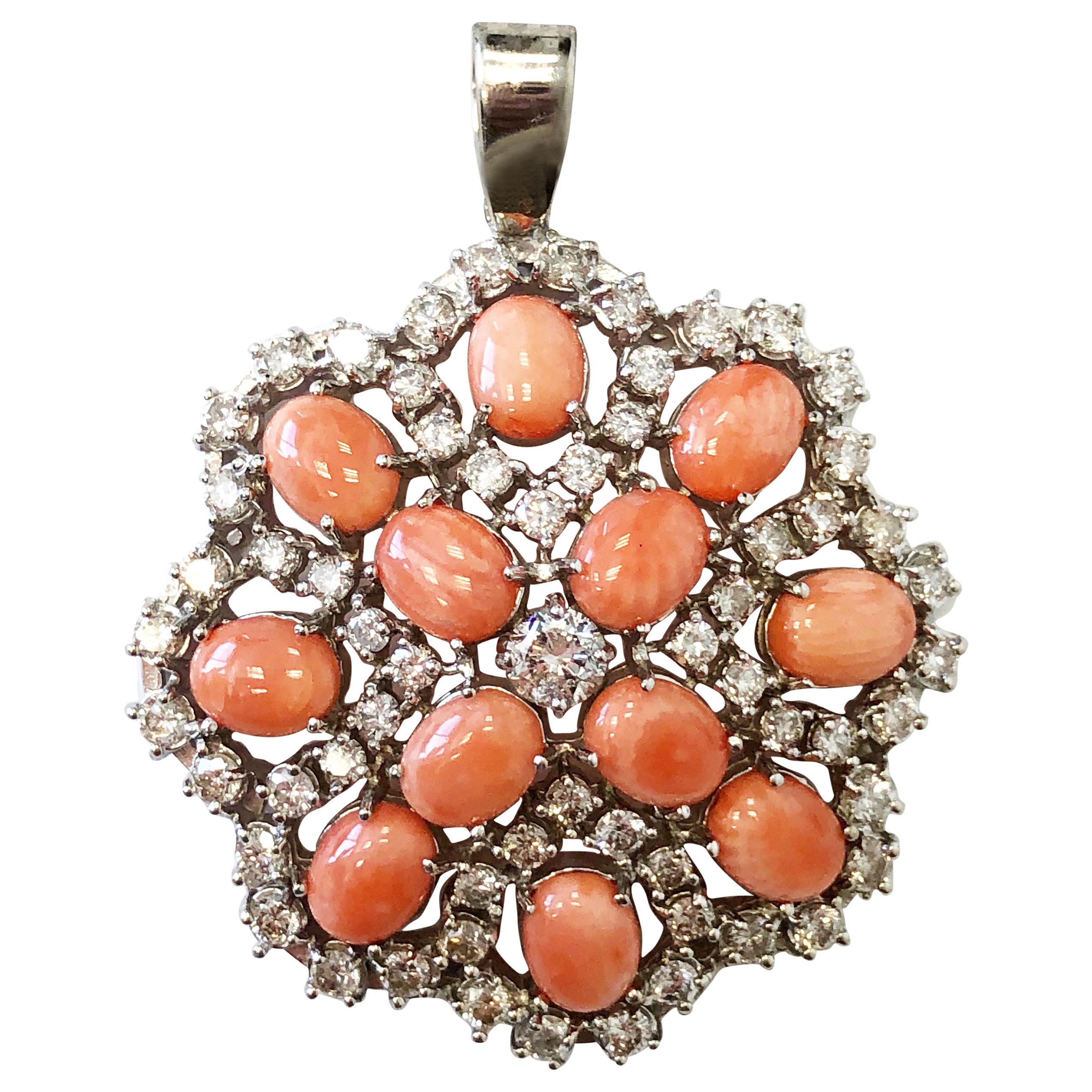 Pink Coral Cabochon and White Diamond Pendant in 14 Karat White Gold