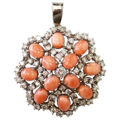 Pink Coral Cabochon and White Diamond Pendant in 14 Karat White Gold