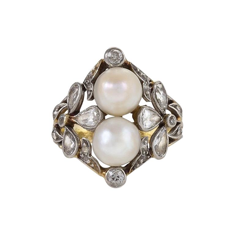 Edwardian Ring Featuring Pearls and Diamonds For Sale