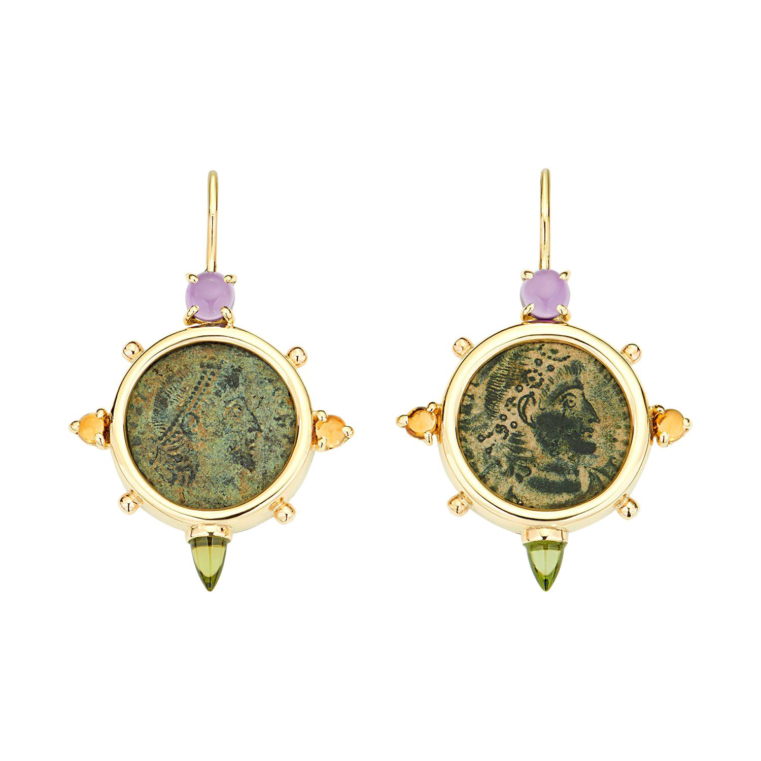 Pendientes Dubini Constantino Moneda Antigua de Bronce Amatista Citrino Peridoto Oro