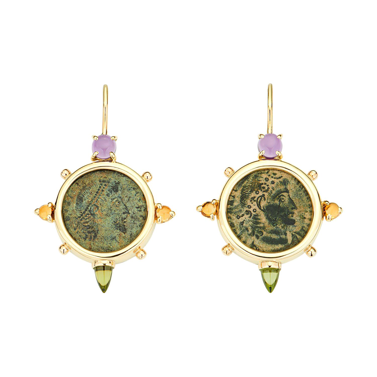 Boucles d'oreilles Dubini Constantine en or avec pièce de monnaie en bronze antique, améthyste, citrine et péridot