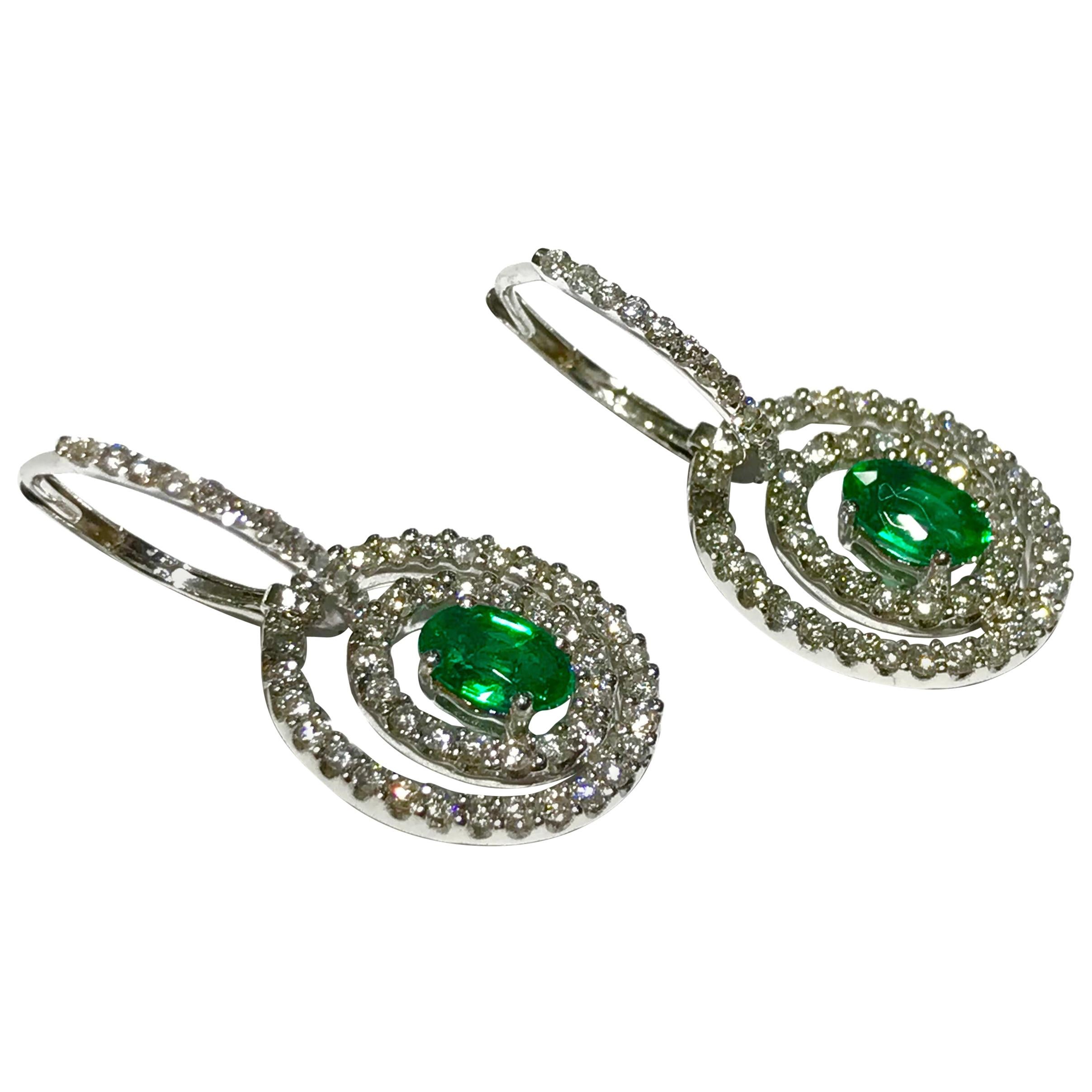 Crivelli Emerald and Diamond Earrings Drop Style in 18 Karat White Gold For Sale