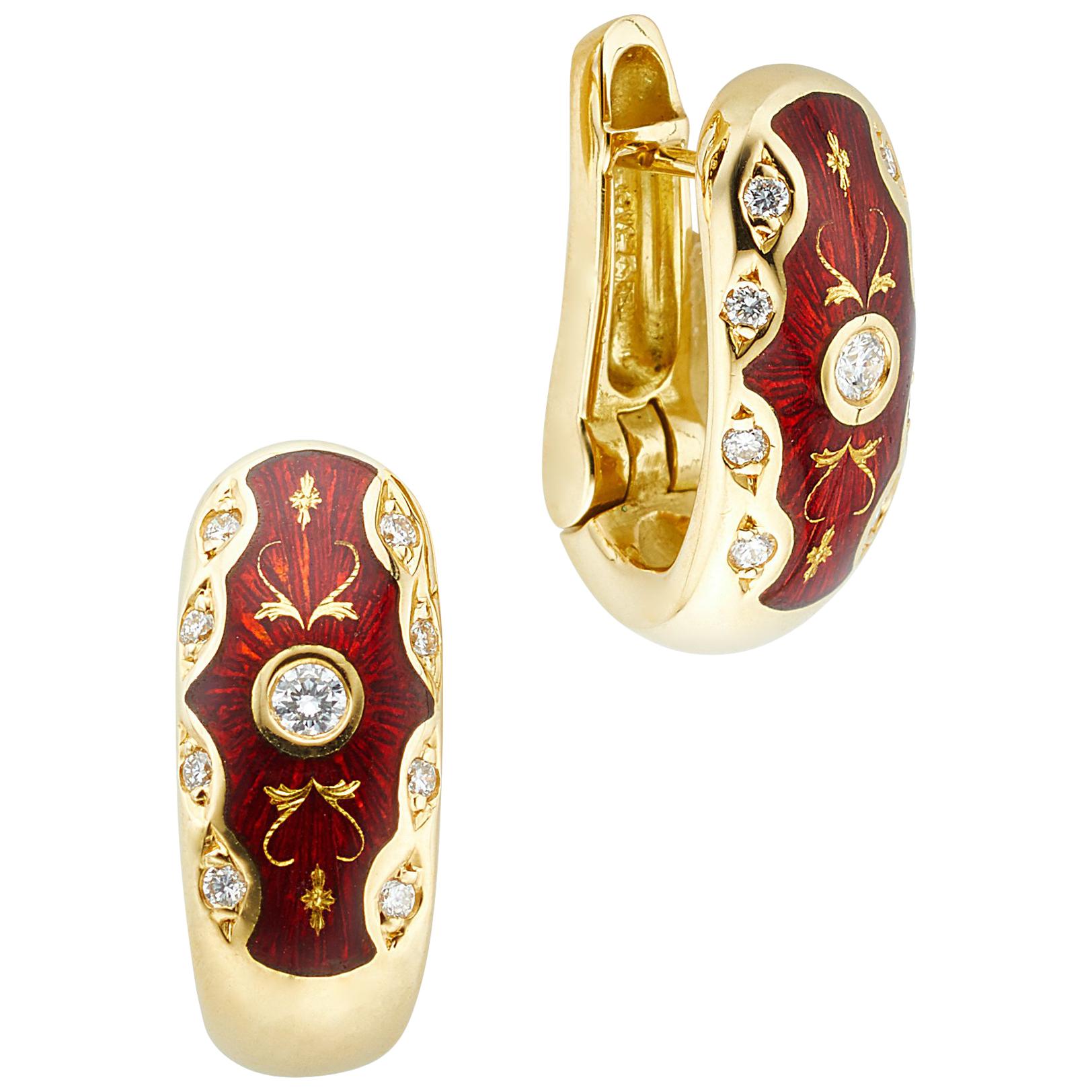 Faberge Victor Mayer Collection 18 Karat Gold Red Enamel and Diamond Earrings
