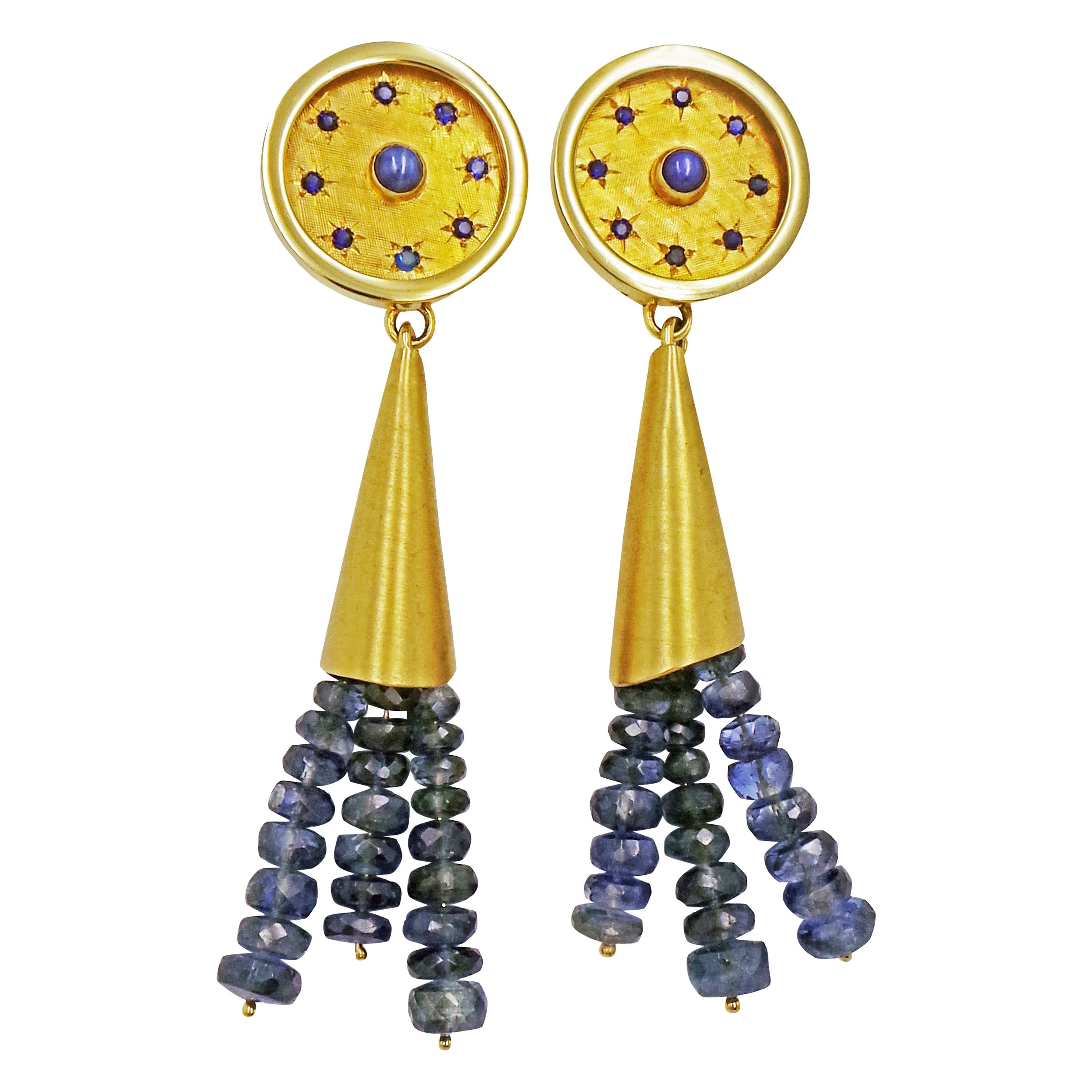 Blue Star Sapphire and Kyanite Beaded Tassel 14 Karat Gold Dangle Stud Earrings