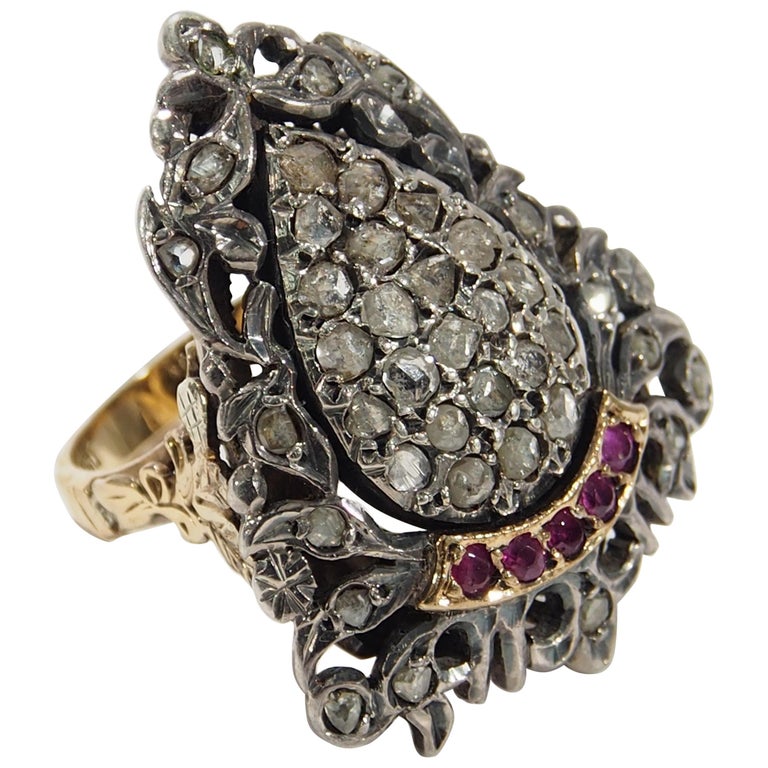 14 Karat Diamond Ruby Shield Ring White Yellow Gold 0.33 Carat For Sale ...