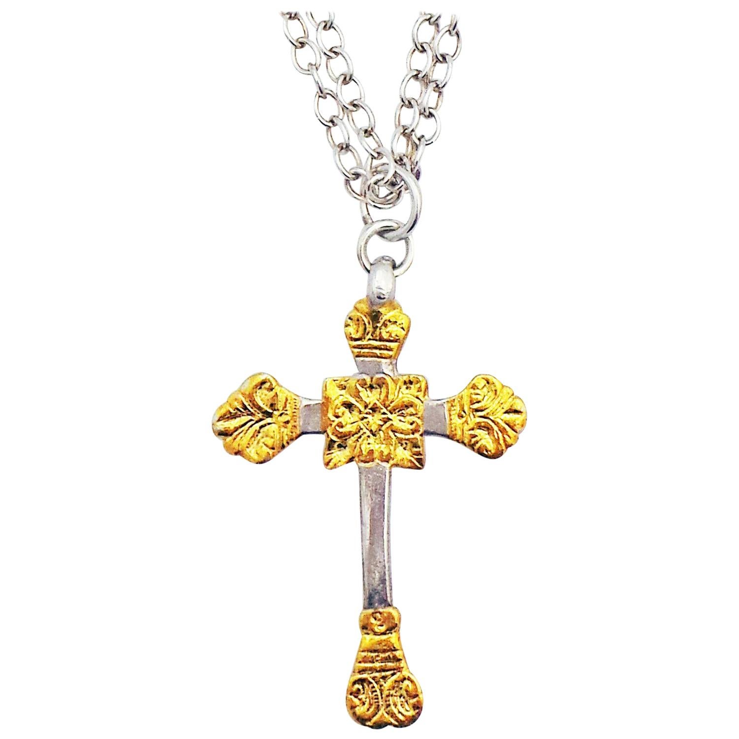 Keum-Boo 24 Karat Gold and Sterling Silver Cross Pendant Chain Necklace