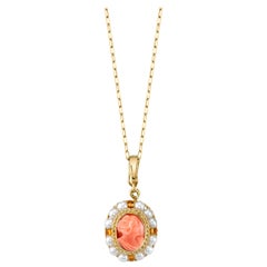 Coral Cameo Fillegree Pendant with Seed Pearl Beads 18 Karat Yellow Gold