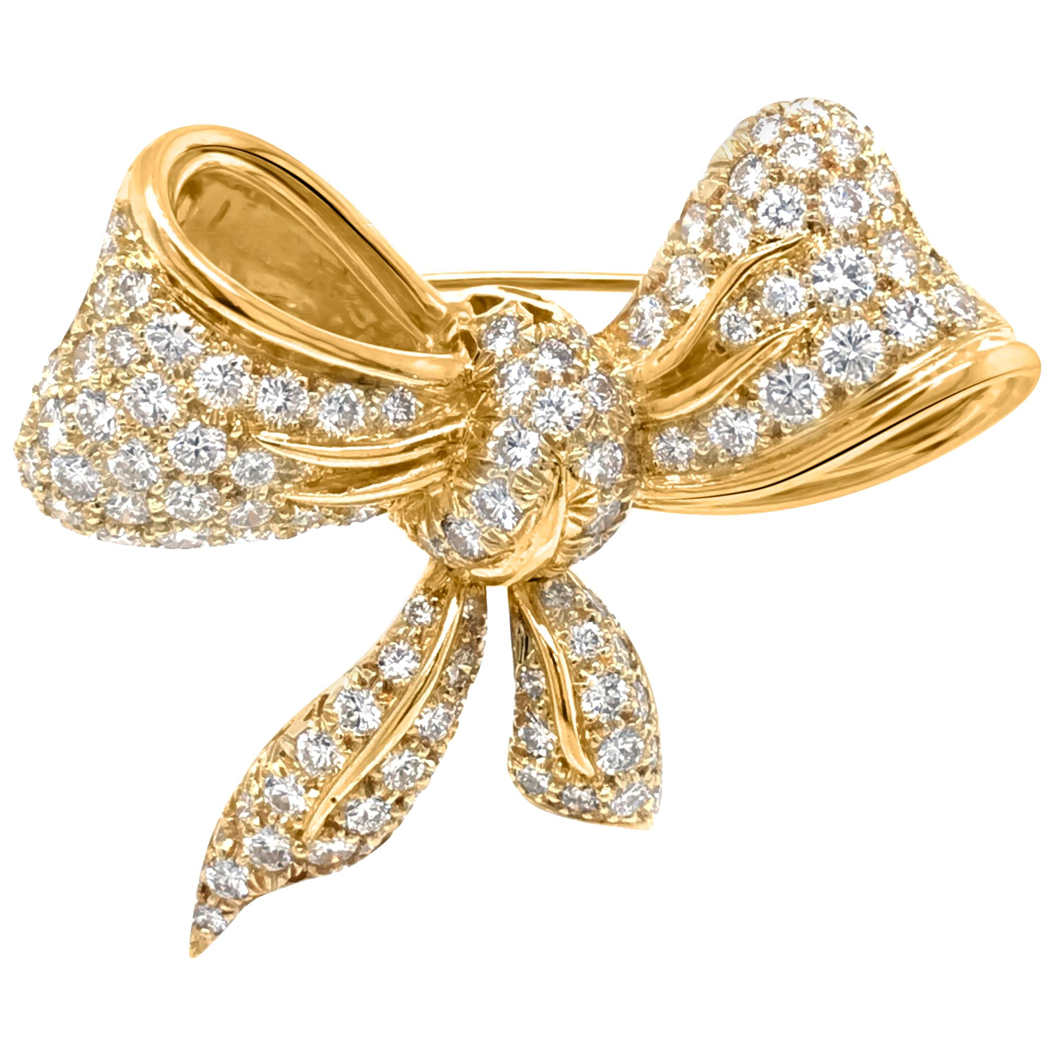 18 Karat Yellow Gold 3.75 Carat Diamond Bow Tie Brooch