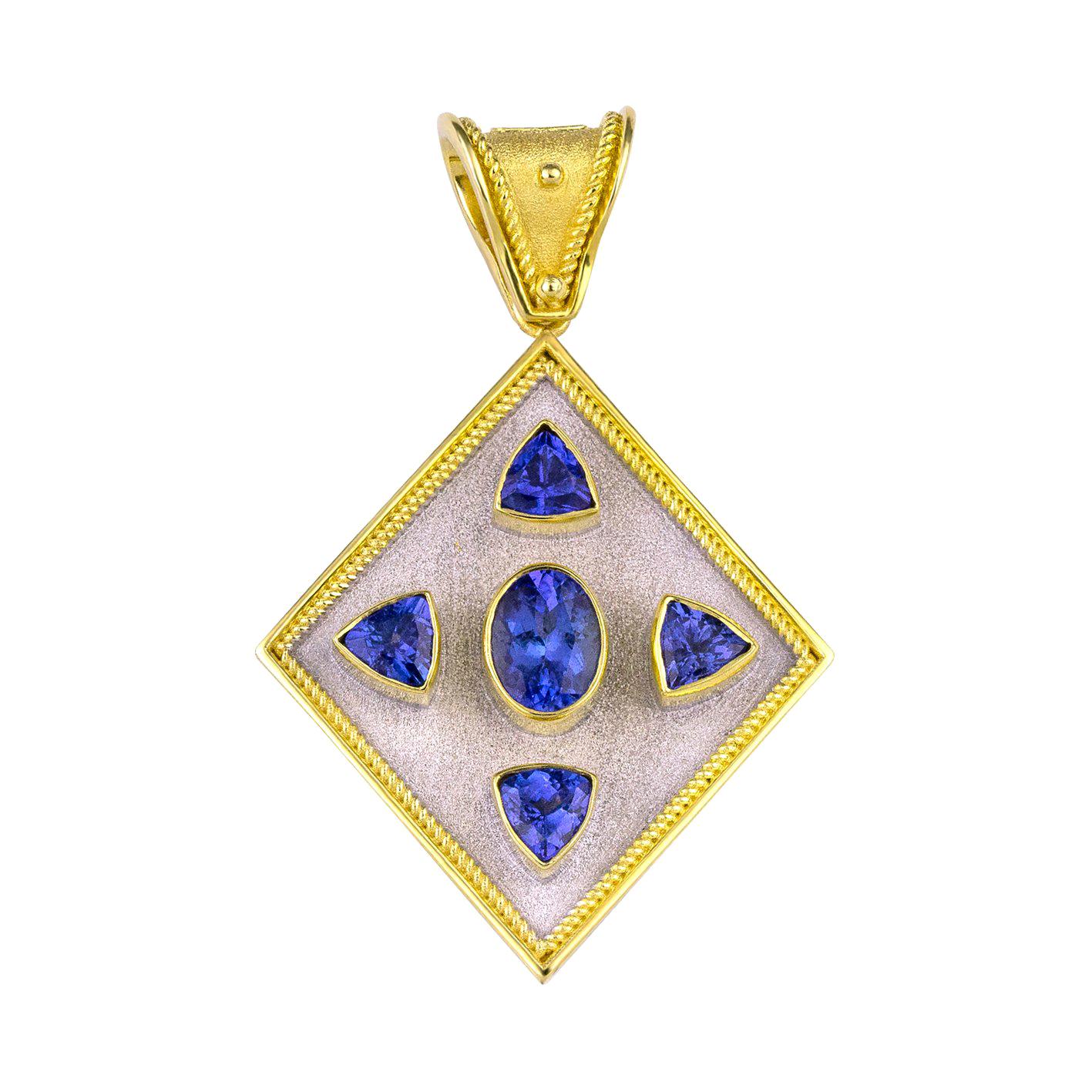 Georgios Collections 18 Karat Gold Tanzanite and Diamond Coin Reversible Pendant For Sale