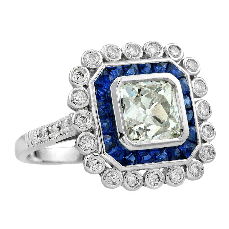 Old European Cut Diamond 1.77 Carat Blue Sapphire Engagement Ring