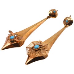 Web of Gold Turquoise and Pearl Spider and Fly Earrings
