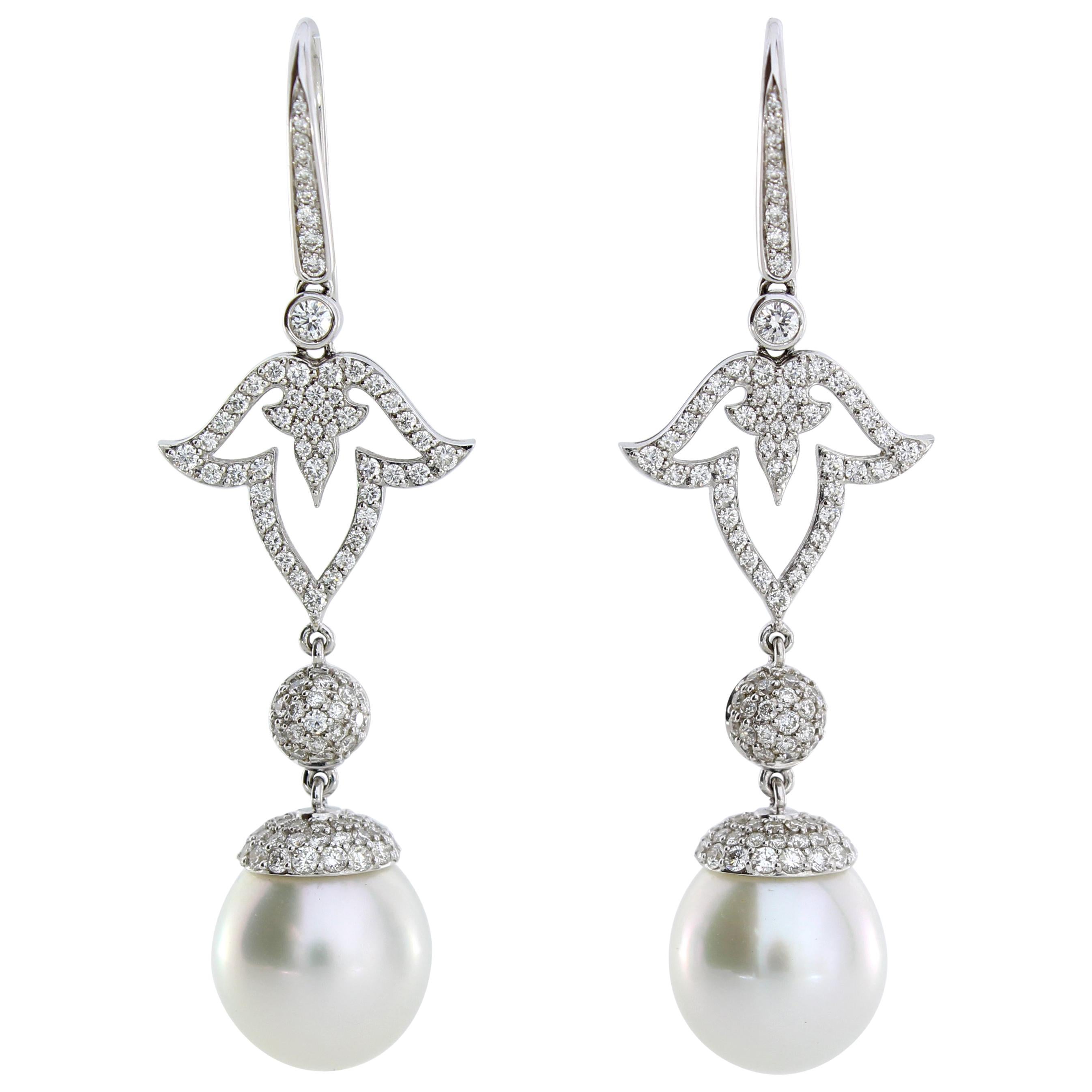 Autore White Gold White Diamonds South Sea Pearl Long Earrings