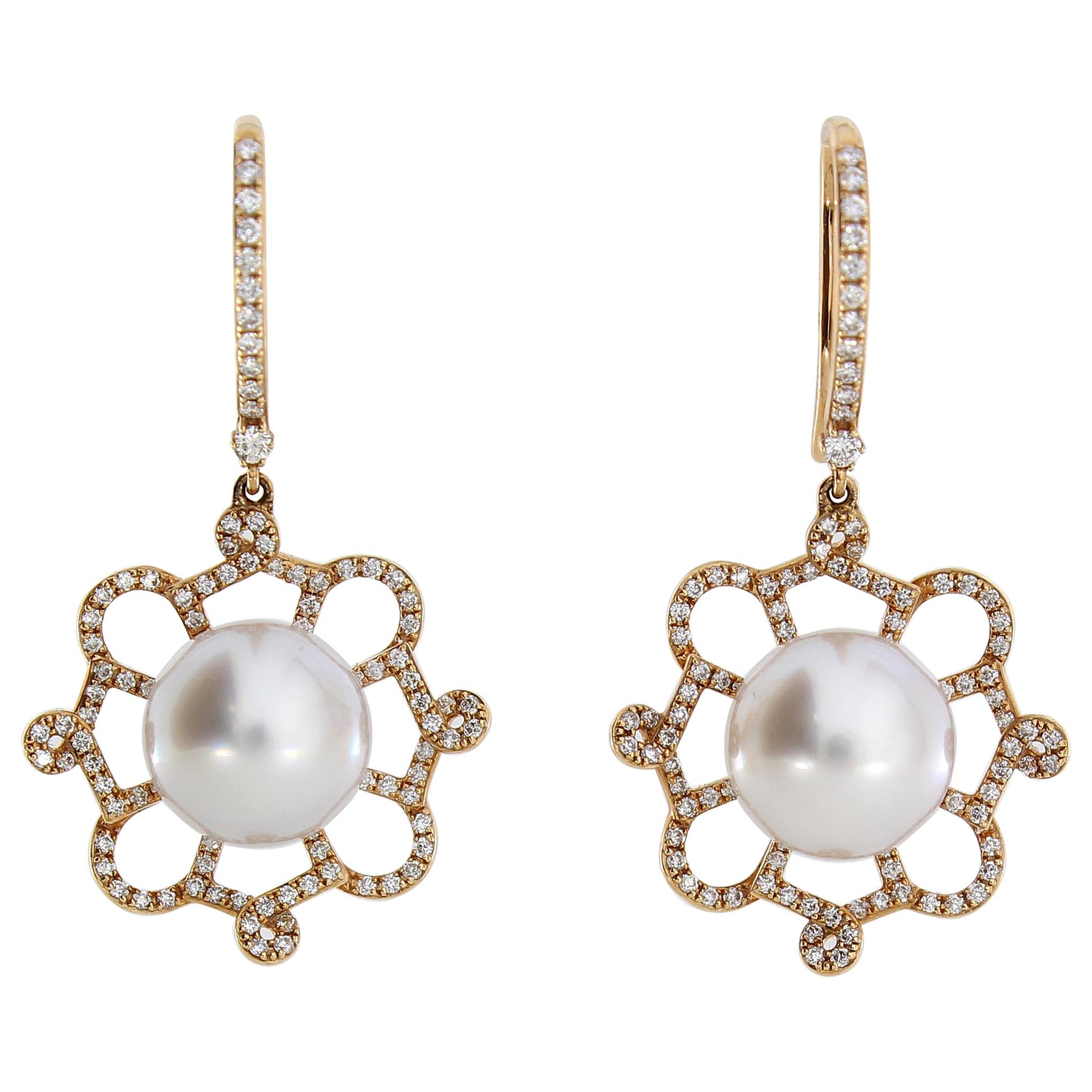 Autore Gold White Diamond South Sea Pearl Drop Earrings