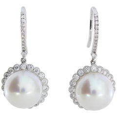 Autore 18 Karat Gold Diamond South Sea Pearl Hook Earrings