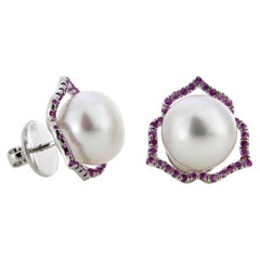 Autore Pink Sapphire White South Sea Pearl Stud Earrings