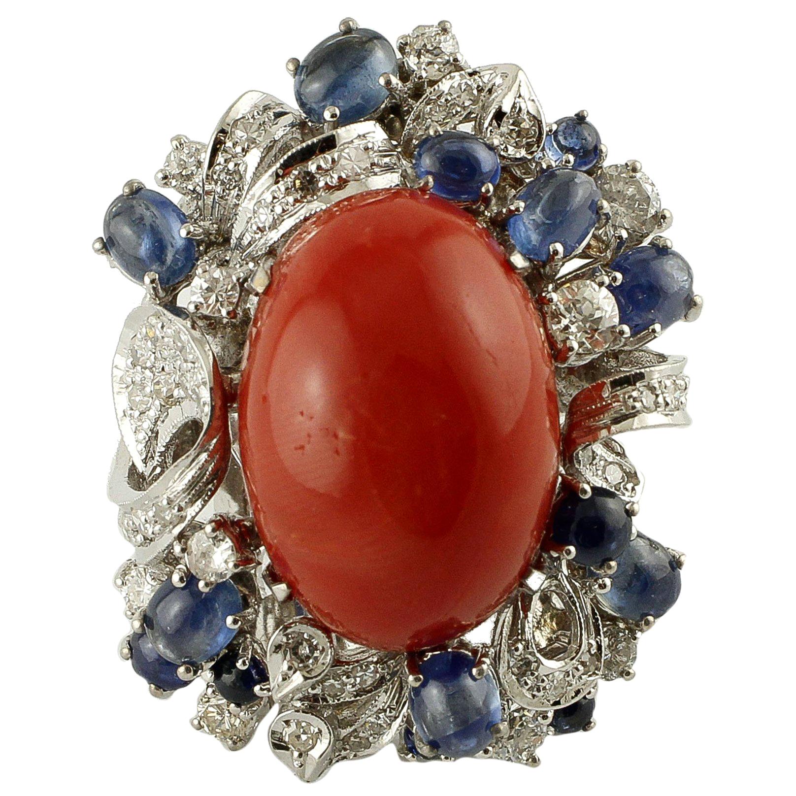 Big Central Red Coral, Diamonds, Blue Sapphires 14 Karat White Gold Ring