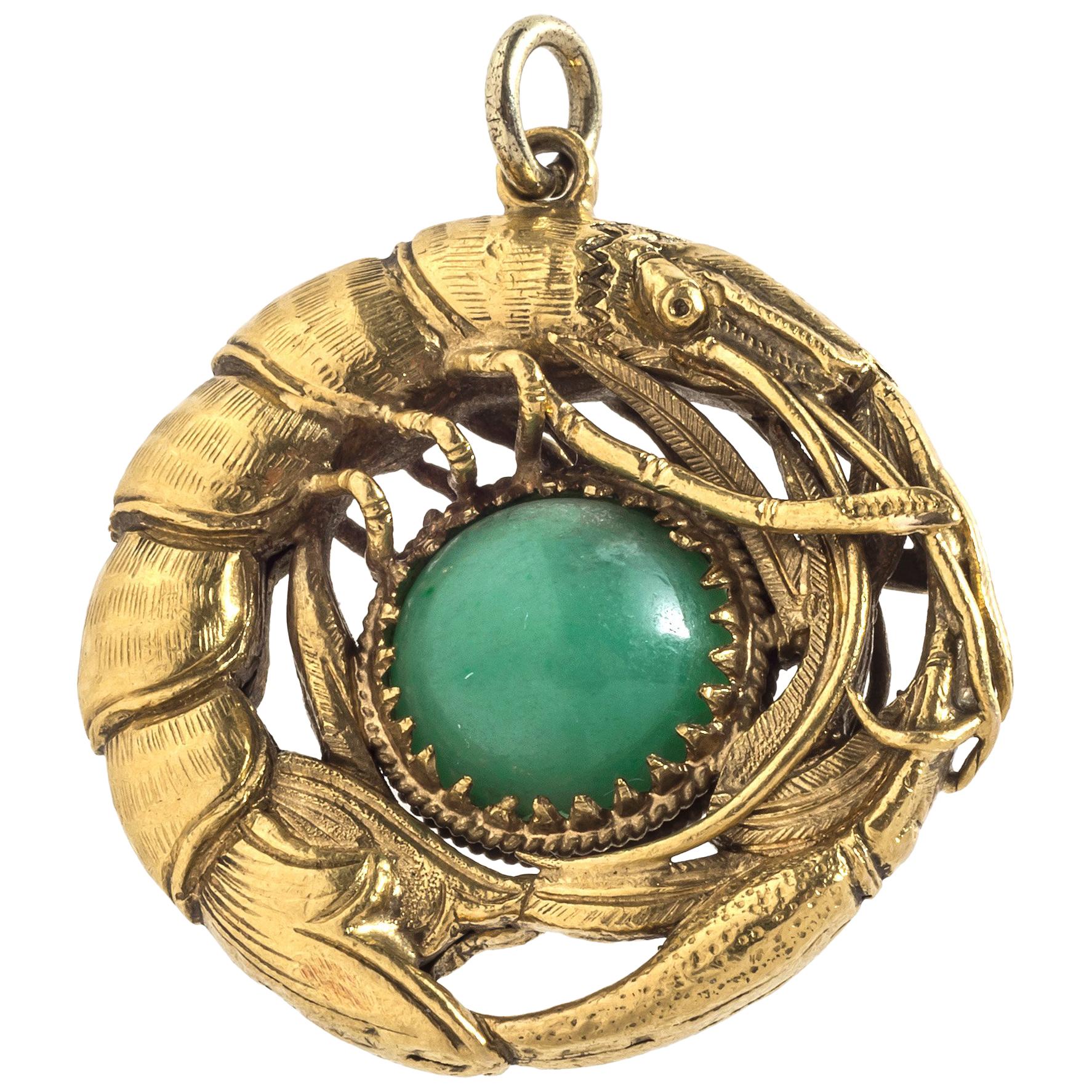 Antique Shrimp Jade Gold Pendant Necklace