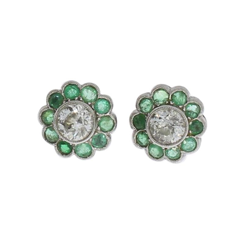 Diamond Emerald Floral Shape Stud Gold Earrings