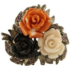 3 Coral Flowers, Rubies, Blue Sapphires, 9 Karat Rose Gold and Silver Ring