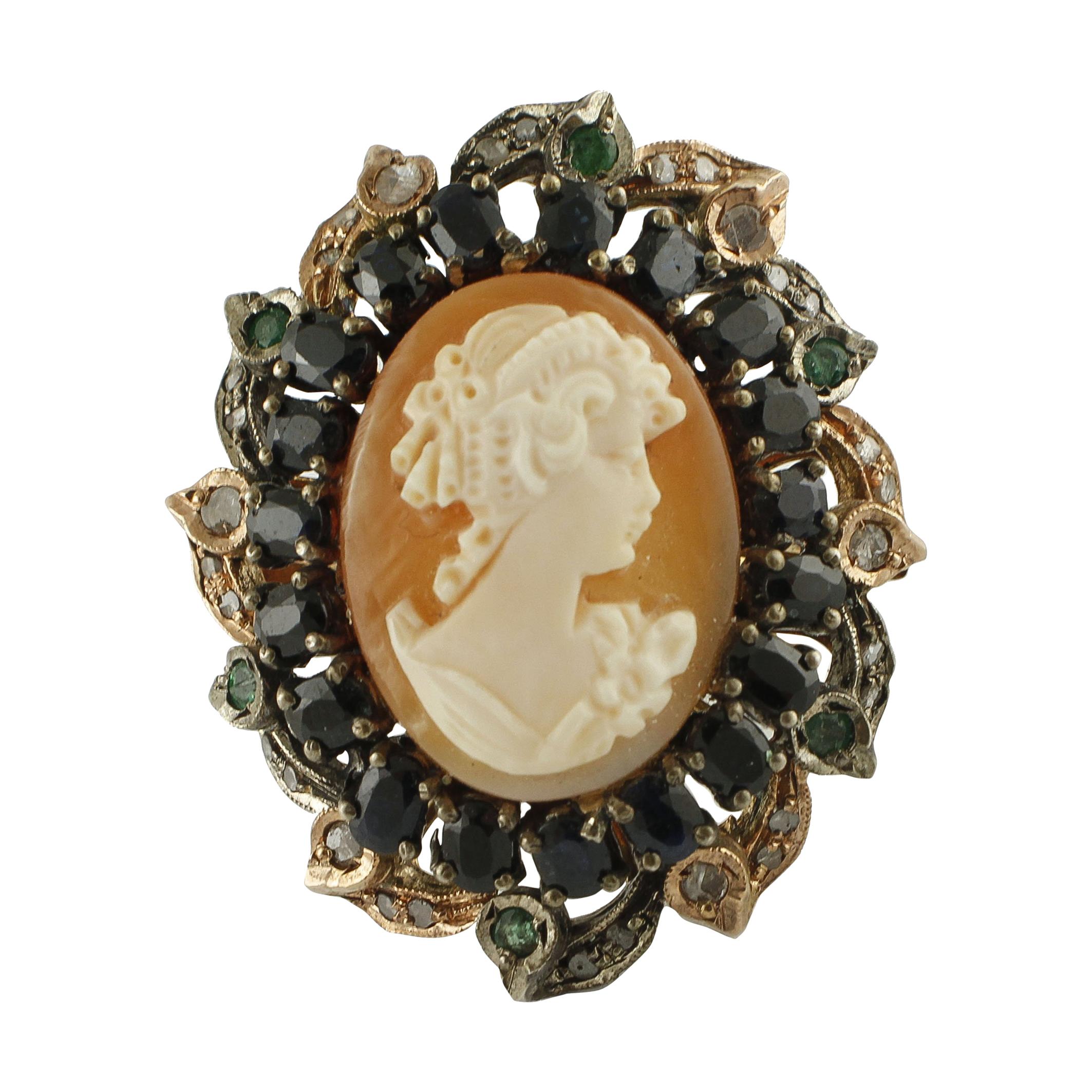 Cameo, Blue Sapphires, Emeralds, Diamonds, 9 Karat Gold and Silver Retro Ring For Sale