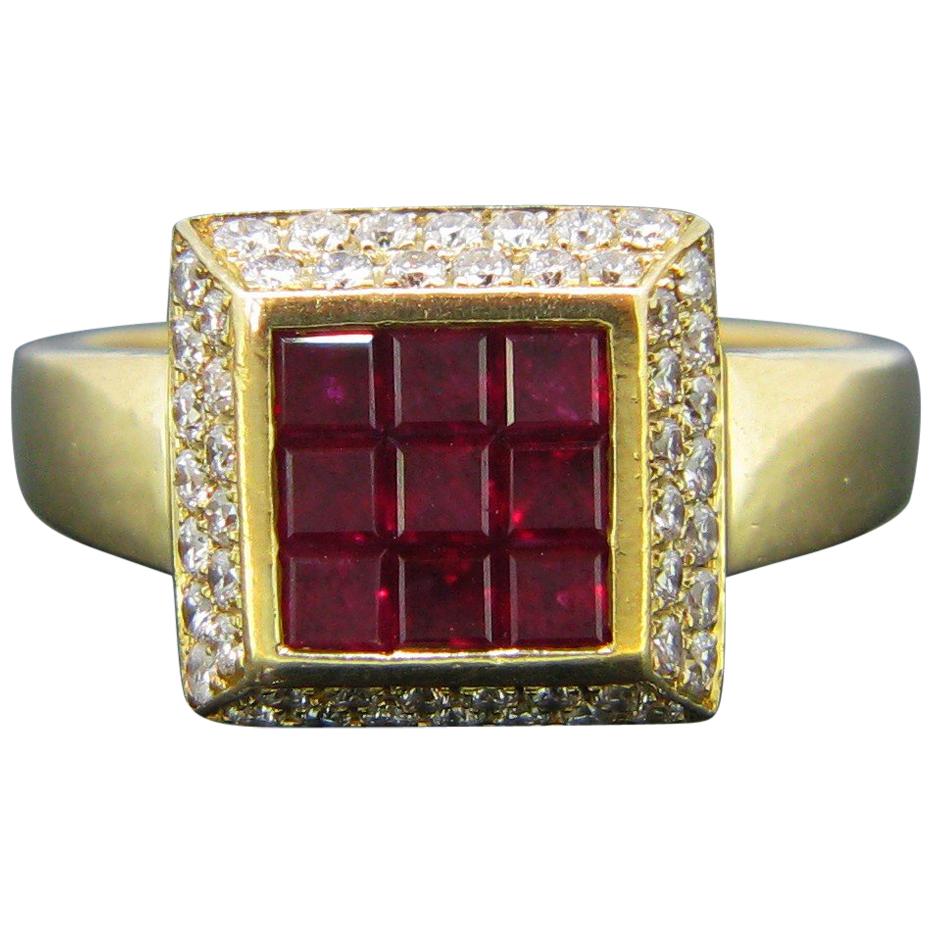 Vintage Ruby Calibre Diamonds Square Yellow Gold Cocktail Ring